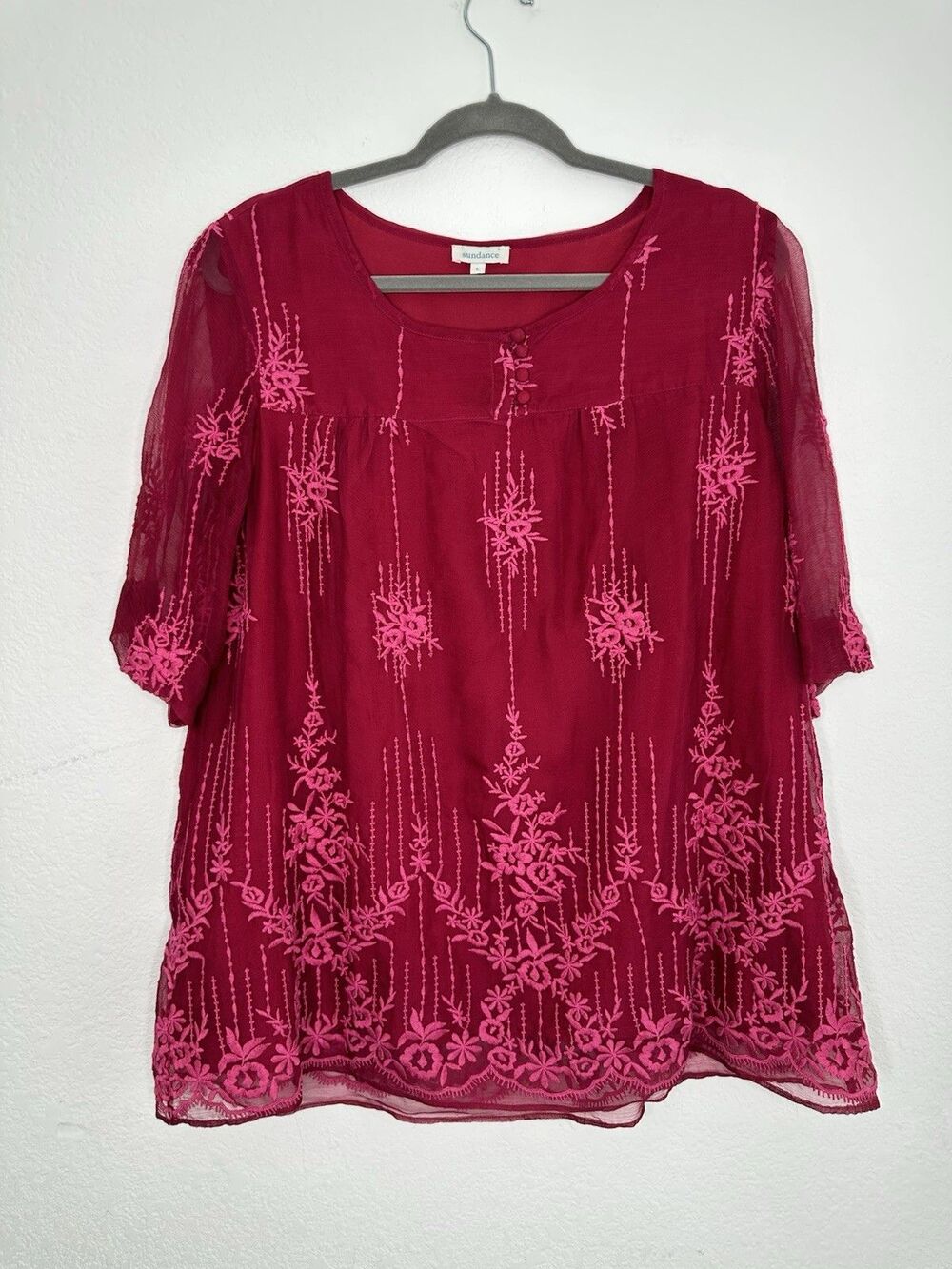 Sundance Embroidered Cupro Blouse Large L Red Magenta Cotton Boho Peasant Top